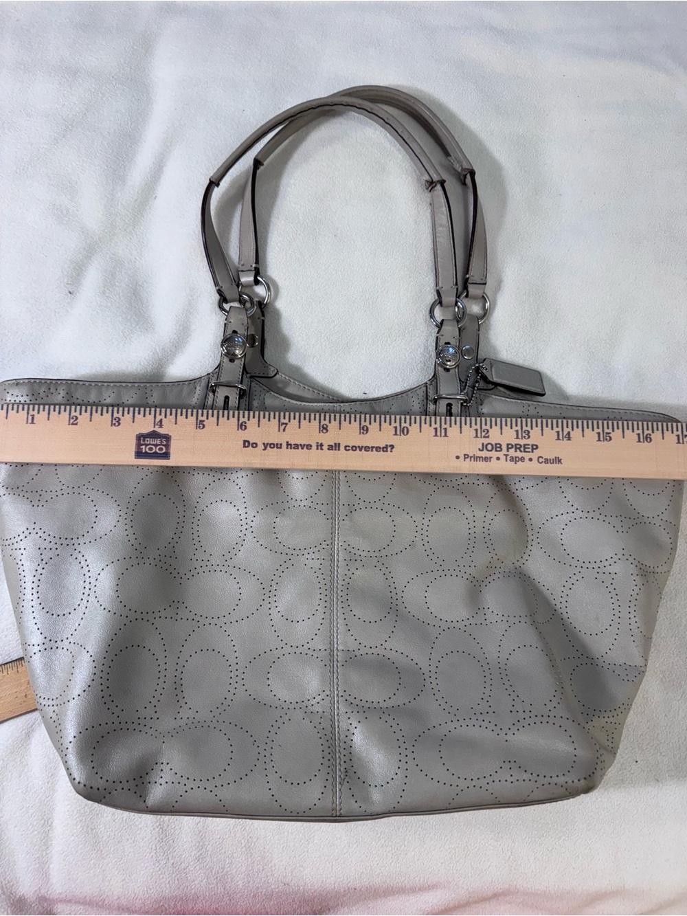 Coach Carly F16598 Pearlized Gray Perforated Signature Leather Tote Carryall Bag - Picture 3 of 16